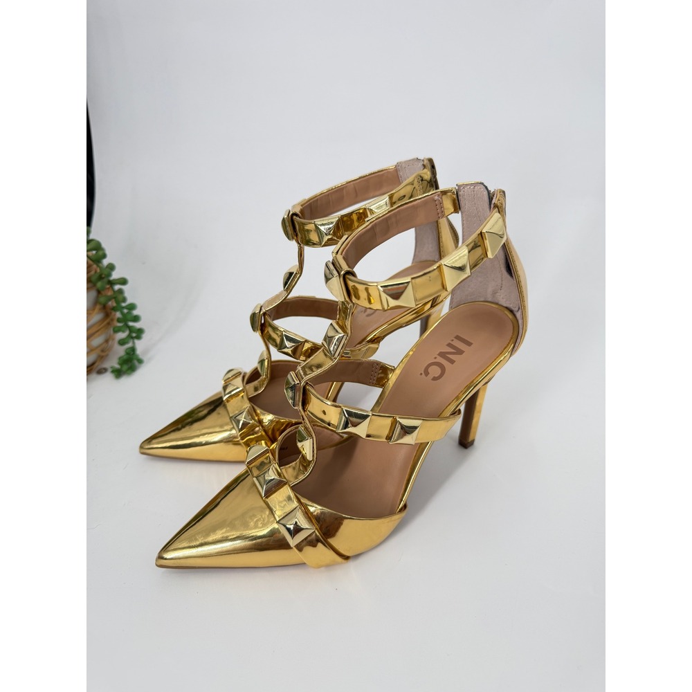 INC Stud Heel Womens 6 Gold Syndia Studded Metallic Pointed Toe Stiletto Strappy